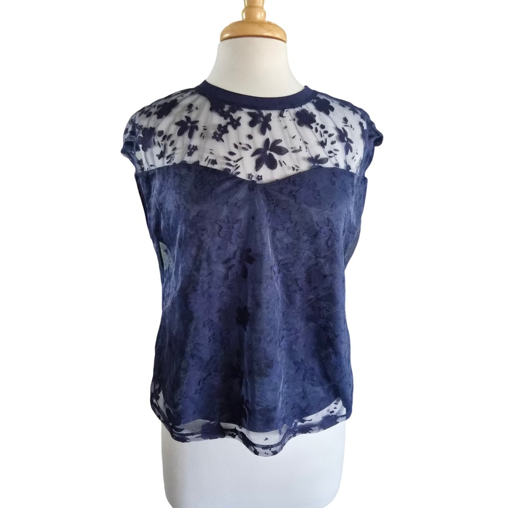 Laundry by Shelli Segal Navy Blue Floral Mesh Burnout Velvet Sleeveless Top M